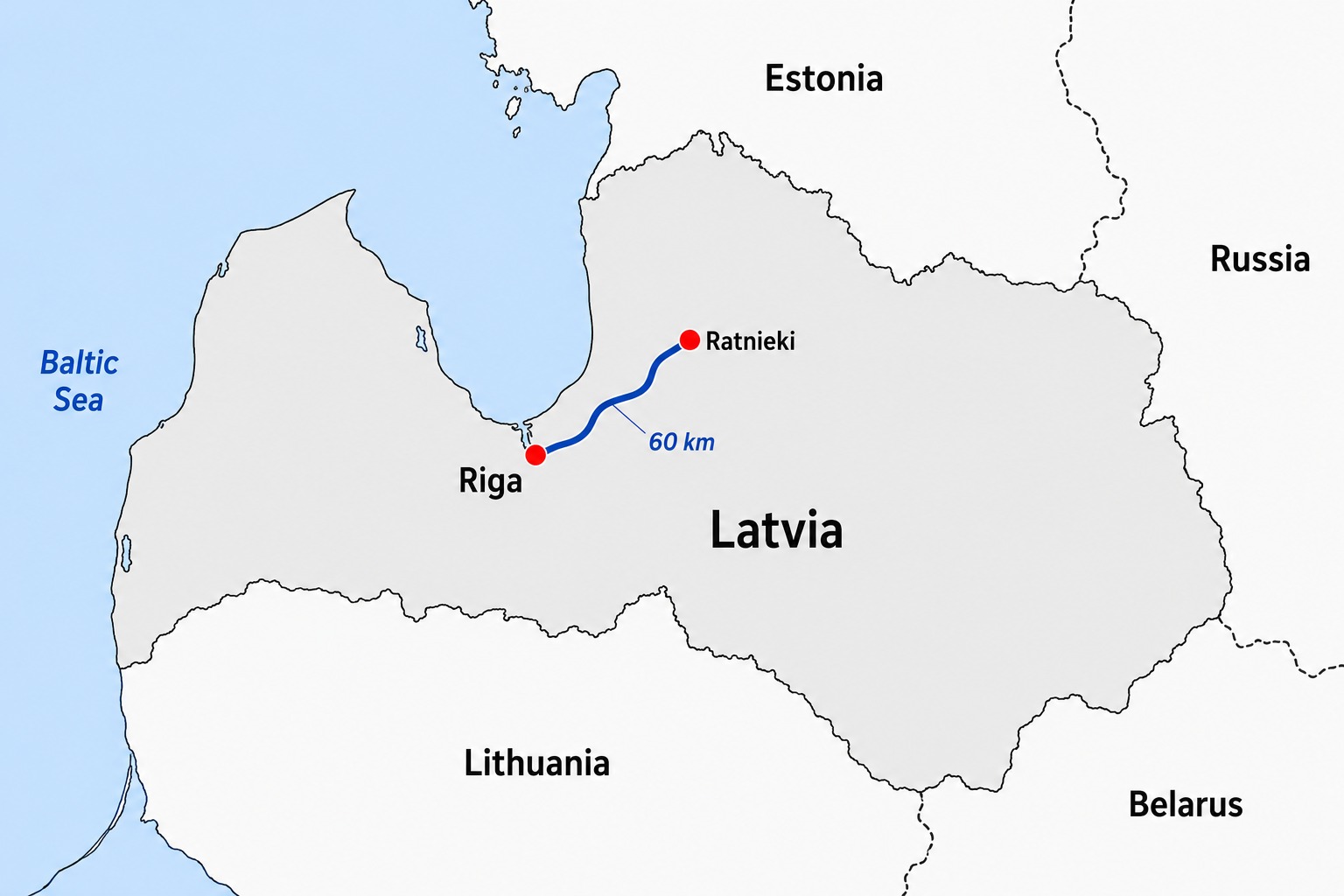 Map showing the approximately 60-kilometre route from Riga to Ratnieki.